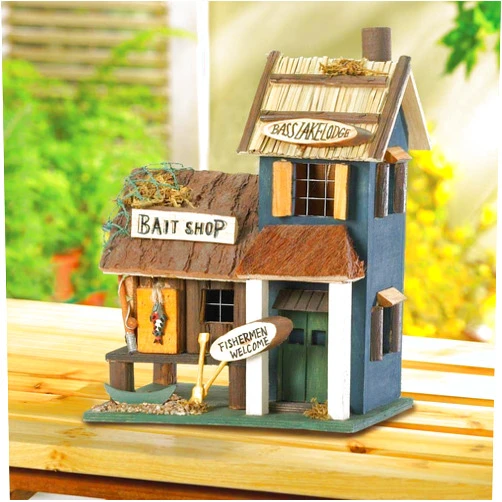 Cicony wakatobi Bass Lake Bait Shop Lodge Birdhouse Bird House Fish Wood Yard Garden Decor