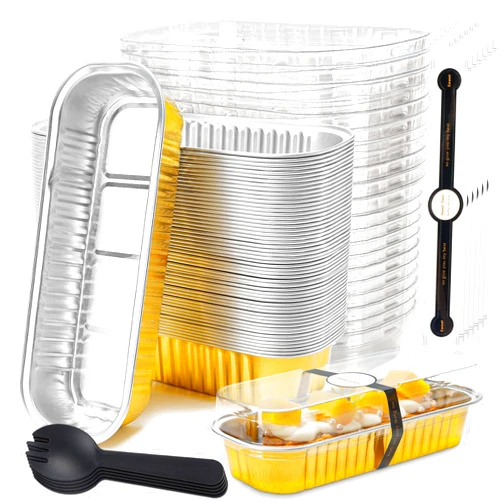LOKQING 50 Pack Mini Loaf Pans with Lids Rectangle Individual Cake Pans Aluminum Foil Pans for Large Gatherings Picnics Vacations Parties(Gold, 6.8 OZ)