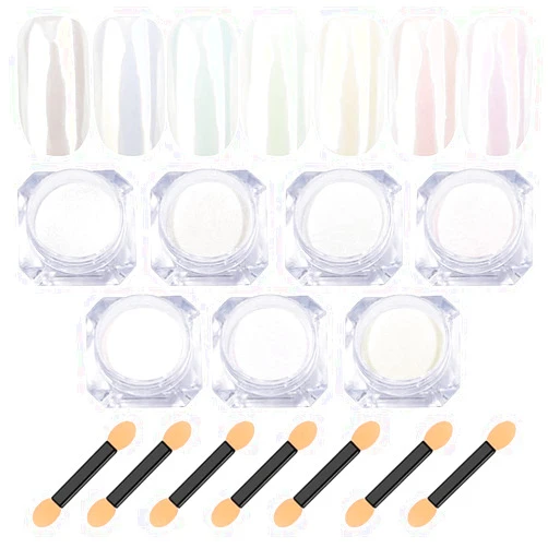 Lingyun 7 Colors White Pearl Chrome Nail Powder Aurora Metallic Nail Powder Holographic Mirror Effect Chrome Powder Iridescent Shell Powder Glitter Nail Art Pigment Manicure Powder for Nails (White Pearl)
