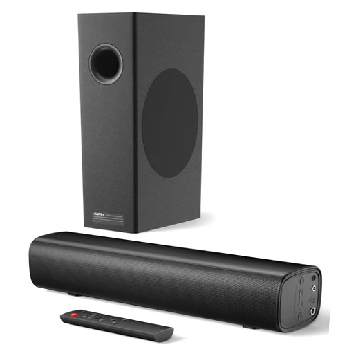 Saiyin Soundbar with 4'' Subwoofers - 70W Rounded-Edge Subwoofer & Compact Soundbar for TV, 2.1 Audio Enhanced Surround Sound System for TV, Bluetooth/Optical/AUX Connection for TV/PC