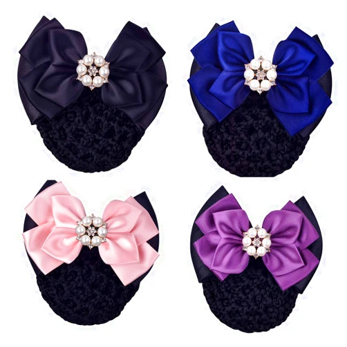 Mangdunt 4pc Women Snood Net Bow Barrette Hair Clip Bun Cover Set for Stewardess/Banks/Hotels/Nurse/Property/Restaurant Staff