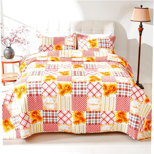 EVENHUG 100% Cotton Quilt King Size Orange Sunflower Bedding Set Floral Lightweight Quilt Reversible Coverlet Bedspread with 2 Pillow Shams All Seasons 3 Pieces