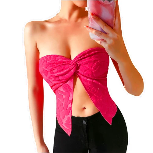 SHOLIFAS Women Y2K Sexy Twist Front Tube Top Split Hem Strapless Crop Tops