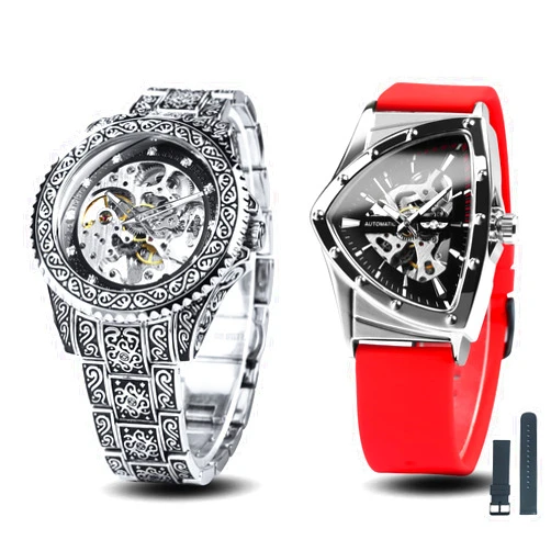 Caluxe 1 Golden Engraving Metal + 1 Triangle Skeleton Automatic Mechanical Wrist Watch for Men Rubber Strap with Extra Strap Gift Set
