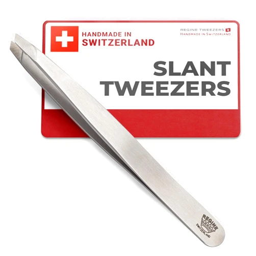 Regine Switzerland Professional Tweezers Slant Tip - Etched Tip Brow and Eyebrow Tool for Men and Women - Precision Tweezers for Fine Hair, Chin, Lash Extensions - Stainless Steel Handmade Beauty Tool