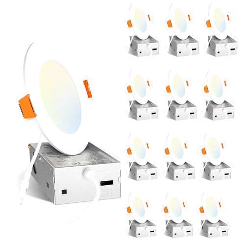 Amico 12 Pack 4 Inch 5CCT Ultra-Thin LED Recessed Dimmable Can/Ceiling Light with Junction Box, 2700K/3000K/3500K/4000K/5000K Selectable, 11W Eqv 70W, 800LM High Brightness Wafer Downlight - ETL&FCC