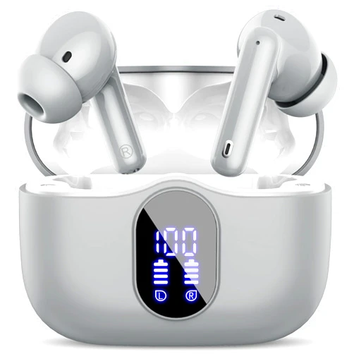 Btootos Wireless Earbuds Bluetooth 5.3 Headphones Bass Stereo Ear Buds with Noise Cancelling Mic LED Display in Ear Earphones IP7 Waterproof 36H Playtime for Laptop Pad Phones Sports Workout Grey