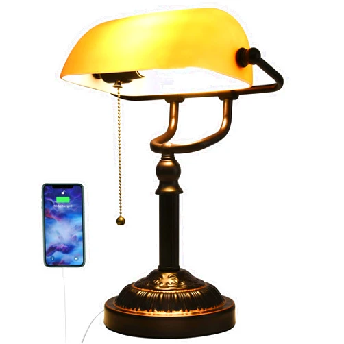 Rizzyluz Rustic Banker's Desk Lamp Pull Chain, Traditional Bankers Desk Lamp with USB Port, Vintage Farmhouse Table Lamp for Home Office Library