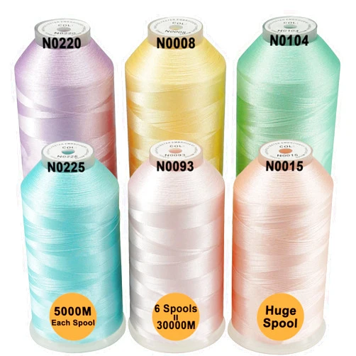 New brothreads - 40 Options- Various Assorted Color Packs of Polyester Embroidery Machine Thread Huge Spool 5000M for All Embroidery Machines -6xPastel Colors 2