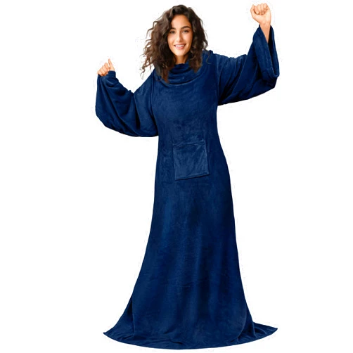 PAVILIA Wearable Blanket with Sleeves for Adults Women Men, Navy Blue Fleece Soft Warm Full Body Wrap Throw, Front Pocket, Cozy Robe Blanket with Arm, Gifts for Christmas, Mom Wife