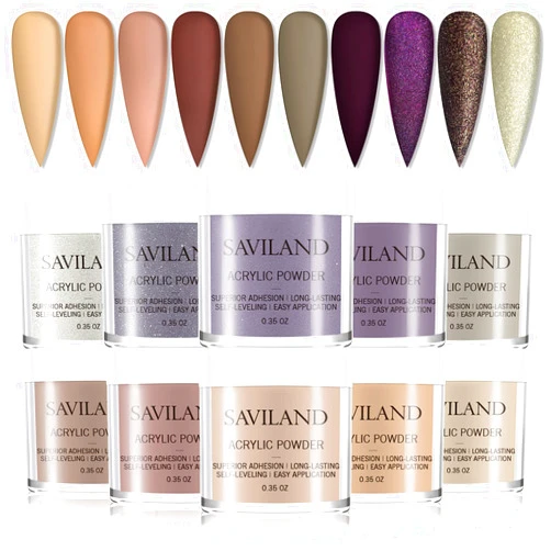 Saviland Acrylic Powder Set - Fall Winter Acrylic Nail Powder 10 Colors Brown Grey Series Professional Polymer Powder Nail Kit for Nail Extension Nail Art Manicure Gifts No Nail Lamp Needed
