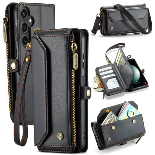 WAWZ for Samsung Galaxy S24 FE Case, Women Men Multi-Function Wallet Case with Stand RFID Blocking Featuring Magnetic Closure Zipper Includes Shoulder Strap Wrist Strap (Black)