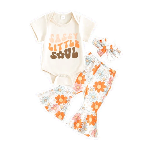 Karuedoo Newborn Baby Girl Summer Outfits Sassy Little Soul Romper Boho Floral Flared Pants Headband 3Pcs Clothes Set