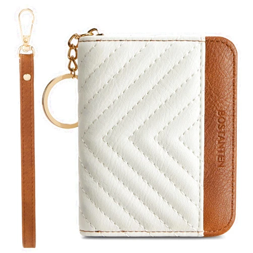 BOSTANTEN Credit Card Holder Wallet RFID Blocking Leather Small Wallet for Women Zipper Keychain Wallet with Wristlet Beige＆Brown