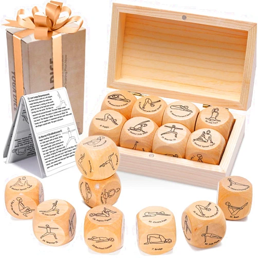 Garybank Yoga Dice in Wooden Gift Box with Practice Guide, 8 Workout Exercise Dice, Tons of Possible Combinations, Yoga Accessories Gifts for Beginners Women, Mindfulness Meditation Gifts,Fitness Dice