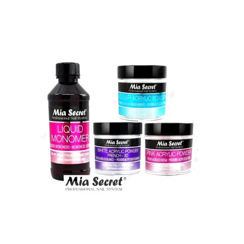 MIA SECRET 4 oz LIQUID MONOMER + Acrylic Powder 2 oz Pink, Clear & White - Made in USA