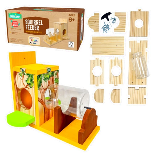 SparkJump Squirrel Feeder Kit - Sustainable FSC Wood, Easy Mounting and Assembly, Kid-Safe Mason Jar, Perfect for Outdoor Squirrel Watching & Feeding