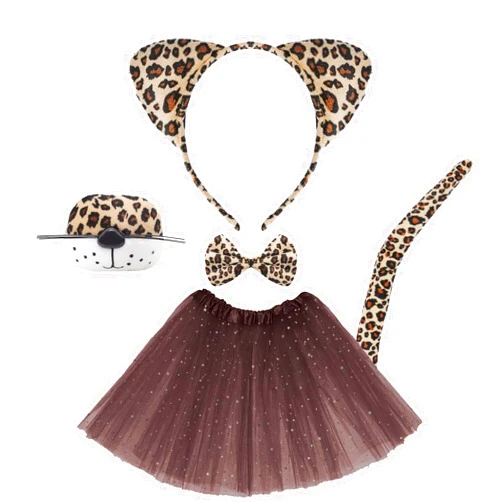 Heliltd 5pcs Boys Girls Cheetahs Costume Set Leopard Cat Ears Headband Leopard Tail Tutus Skirt Bowtie for Halloween Cosplay Party
