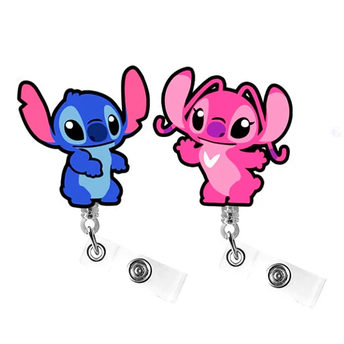 ZOSTLAND 2 Pack a Pair Pink Angel Blue Monster Cartoon Cute Retractable Badge Reel, Holder for Office Work Nurses ID and Name Tag with Metal Back Clip, 28 inch Cord Extension (2 Pack Pink Blue Alien)