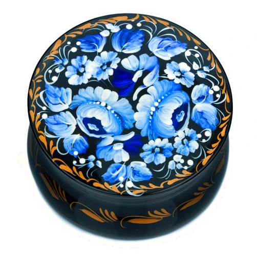 UA Creations Small Round Wooden Box with Floral Painting on Black Lacquer, Ethnic Accent Gift Storage Box for Jewelry
