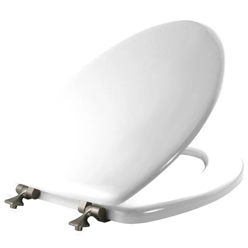 MAYFAIR 1844BNA 000 Toilet Seat with Brushed Nickel Hinges will Never Come Loose, ELONGATE, White - Brushed Nickel