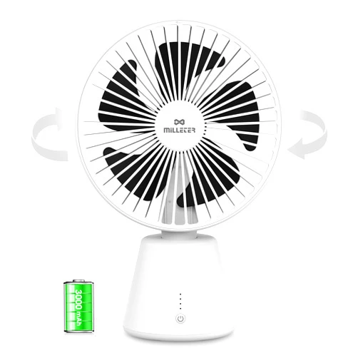 MILLETER USB Desk Fan, 3000mAh Rechargeable Oscillating Table Fan, 6.7 Inch Portable Desktop Fan with 3 Speeds Strong Airflow, Quiet Small Personal Fan for Home, Office, Dorm, Camping