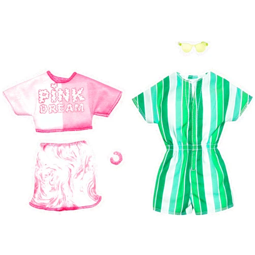 Barbie & Ken Fashions 2-Pack Clothing & Accessories Set, Pink Dream Top & Skirt with Bracelet for Barbie Doll & Striped Romper & Sunglasses for Ken Doll