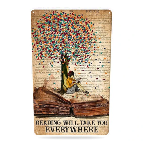 Noete Reading Will Take You Everywhere Metal Sign - Vintage Decor Girl Reading Wall Quotes Library Wall Decor Metal Signs for Home Office - Reading Sign Book Poster for Classroom Decoration