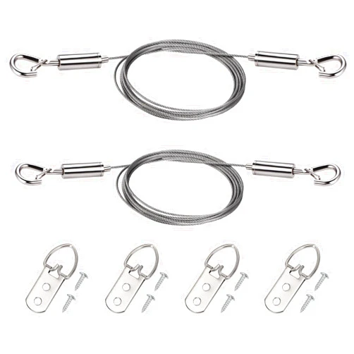 KAROSOM 2Pcs Adjustable Picture Hanging Wire Kit, 2m x1.5mm Stainless Steel Wire Rope and Heavy Duty D Rings, Holds Up to 60 Pounds - Ideal for Hanging Mirrors, Picture, Lamps, Basket Flowerpot
