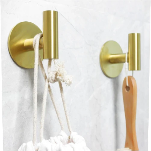 Goguoyuhe Wall Adhesive Hooks for Hanging Heavy Duty Brushed Gold Sticky Hooks Waterproof SUS304 Stainless Steel Tower Hooks for Bathroom Kitchen Livingroom Garage Hotel - 2 Pack