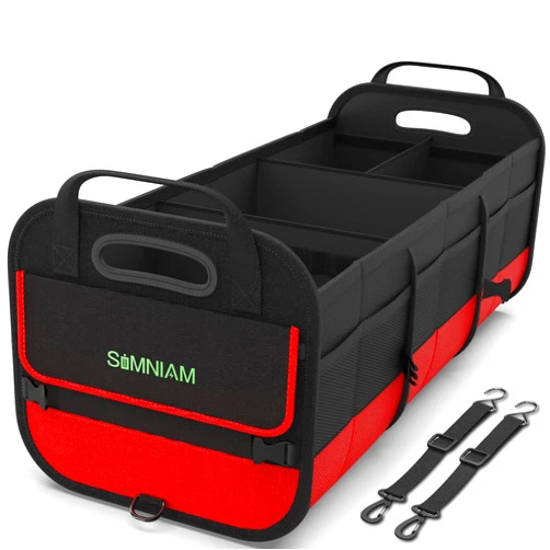 Simniam Large Trunk Organizer for Car, Collapsible Multi Compartment Car Trunk Organizer with 2 Retractable Straps, Suitable for All Kinds of Cars, SUV, Minivan - 4 Compartments Red