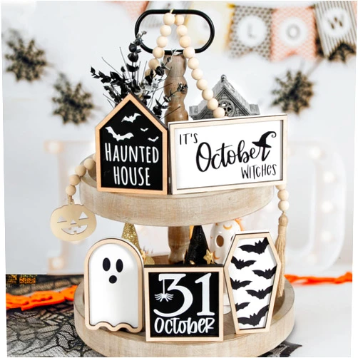 DAZONGE Halloween Decorations | 6PCS Halloween Tiered Tray Decor | Bat Coffin, Haunted House, Ghost, Witches, October 31 Sign, Bead Garland | Halloween Decor | Halloween Centerpiece for Table Shelf