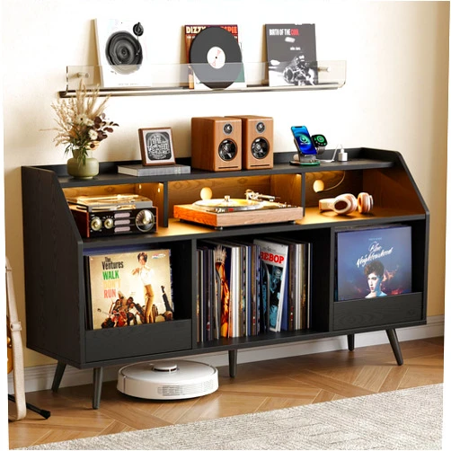 ONBRILL 55 Inch Record Player Stand with LED Light, Modern Vinyl Record Storage Cabinet with 2 Drawers & Open Shelves, Holds up to 500 Albums, Turntable Stand w/Charging Station for Living Room Black