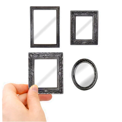 iLAND Mini Mirrors, Dollhouse Accessories on 1:12 Scale, Framed Glass Miniature Mirror (Dark Silver 4pcs)