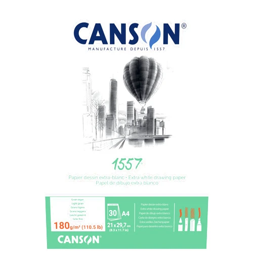 Canson 1557 180gsm A4 White Drawing Paper Pad, Light Grain, Glued Short Side, 30 Extra White Sheets, Ideal for Professional Artists & Students