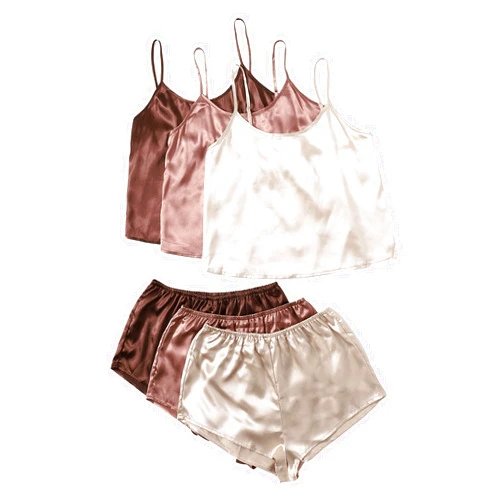 GORGLITTER Women's 3 Sets Silk Pajama Set Sleeveless V Neck Crop Cami Top and Shorts Satin Pjs Sleepwear Sets