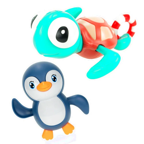 DUCKBOXX XX Wind-up Bath Toys Bundle (2 Pack) : Turtle with Swim Ring (Pull-String) & Swimming Penguin (Blue) for Kids