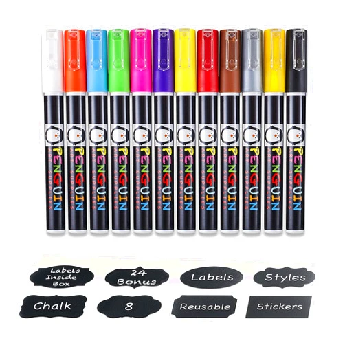 PENGUIN ART SUPPLIES Homarden Liquid Chalk Markers - 12 Washable Colors, Fine Tip Chalk Pens (3mm), Wet Erase Markers for Blackboard, Glass, Window, Chalkboard Signs, Car - Reversible Tip & Chalkboard Stickers