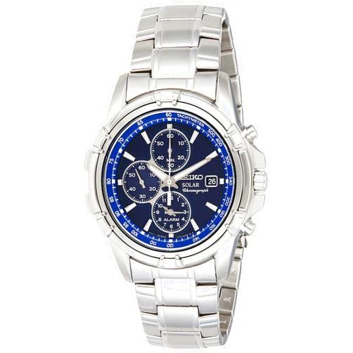 SEIKO SSC141 Watch for Men - Blue Dial with Solar Chronograph, Date Calendar, and LumiBrite Hands, Stainless Steel and Water-Resistant to 100m