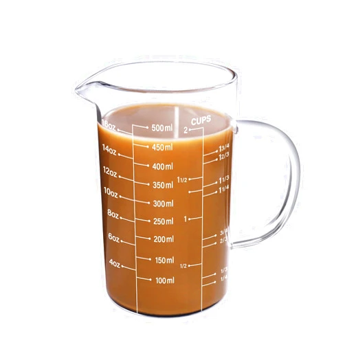 77L Glass Measuring Cup, [Insulated handle, V-Shaped Spout], High Borosilicate Glass Measuring Cup for Kitchen or Restaurant, Easy To Read, 500 ML (0.5 Liter, 2 Cup)