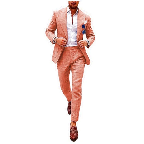 Duereyoo Men's Linen Suit Summer Formal Wedding Groom Wear Jacket& Pants