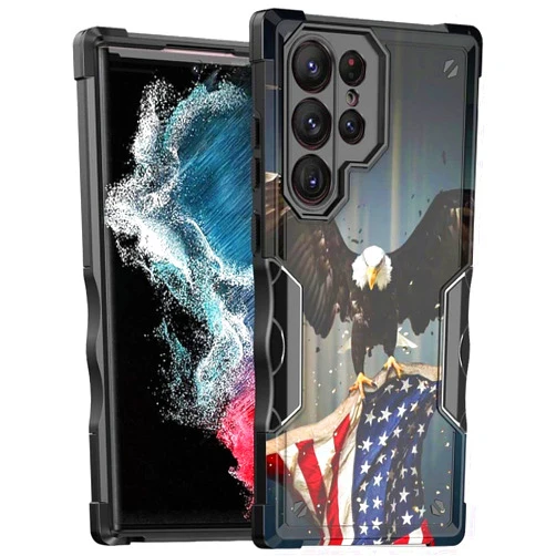Cass Creations Case Compatible with Samsung Galaxy S23 Ultra (6.8 inch), Hybrid Shockproof Bumper Protective Phone Cover - American Bald Eagle Flying with Flag
