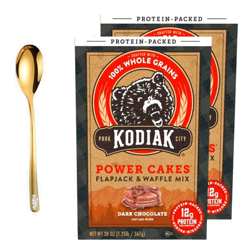 Moofin Flapjack and Waffle Dark Chocolate Mix, 20oz - High Protein Pancake Mix with Stainless Steel Spoon -Goldr, Pancake Mix Protein 12g per Serving, High Protein Fiber Breakfast Pack of 2
