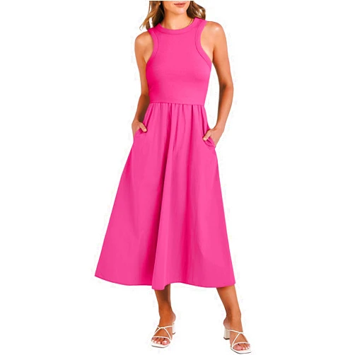 ANRABESS Women's Summer Casual Sleeveless Midi Sundress Patchwork Knit High Neck Tank Top Racerback Flowy Dresses Pockets