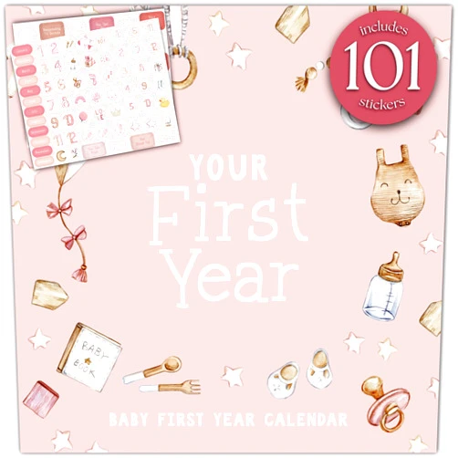 Bibi & Beau Baby's First Year Calendar with 100 Stickers - Pink Watercolor Design 1st Years Wall Calendar With Stickers, Baby Tracker, Baby Scrapbook for New Mom and Newborn Baby Girls