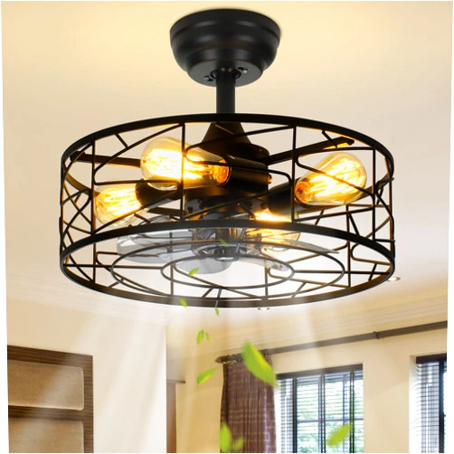 Nkorka Caged Ceiling Fan with Light, Bladeless Industrial Ceiling Fan with Remote,Farmhouse Samll Fan Lights Ceiling Fixtures for Kitchen, Bedroom (16.5