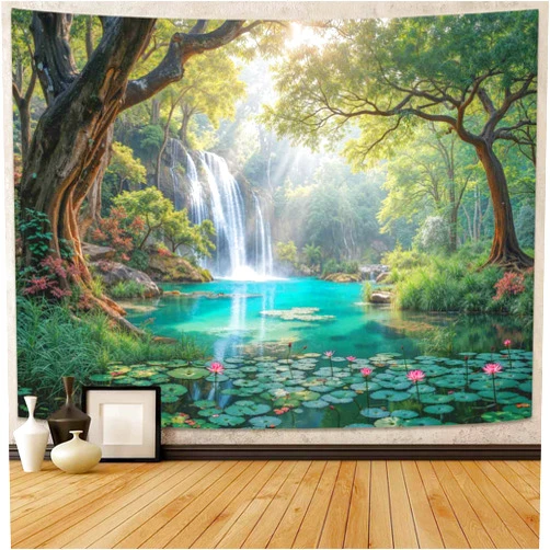 Lunerfex Nature Waterfall Tapestry - Forest Stream and Lotus Pond Wall Hanging for Bedroom and Living Room - Serene Landscape Decor 60