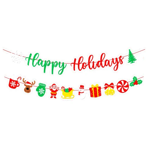 JKQ Red Green Glittery Happy Holidays Banner with Xmas Tree Santa Snowman Reindeer Signs Colorful Christmas Winter Holiday Birthday Party Decorations for Home Wall Fireplace Party Supplies
