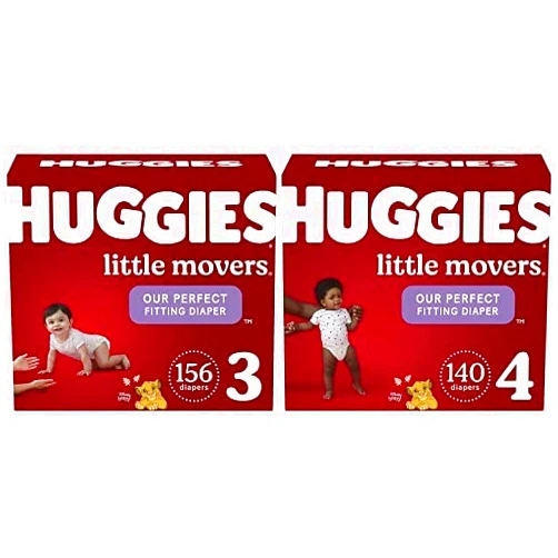 HUGGIES Baby Diapers Bundle: Huggies Little Movers Diapers Size 3 (16-28 lbs), 156ct & Size 4 (22-37 lbs), 140ct