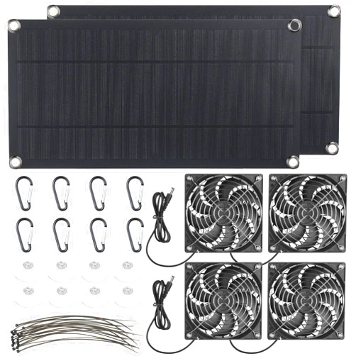 Riakrum 10w 12v Solar Panel Dual Fans Kit Waterproof Outdoor Solar Powered Exhaust Ventilation Fan Dual USB Portable Solar Attic Fan for Chicken Coop Greenhouse Shed PET Houses Window (2 Set)